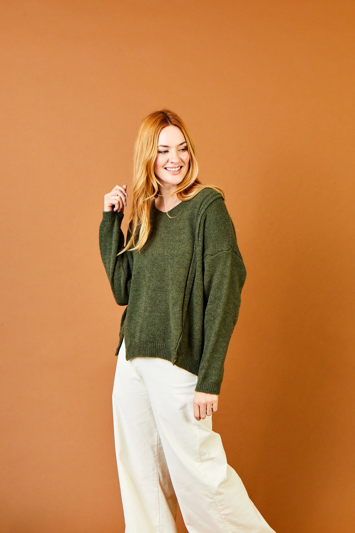 Fiona V Neck Sweater W/ Outside Seam Detail