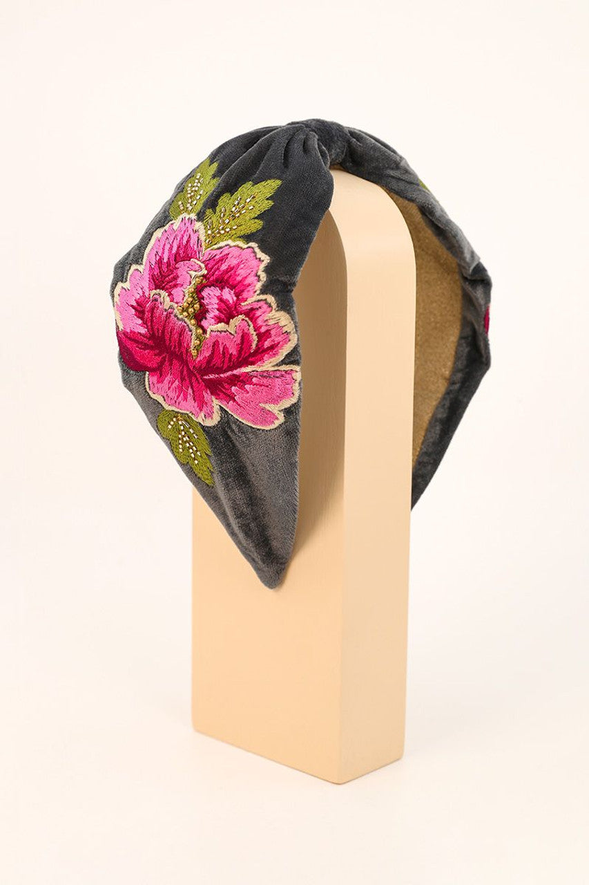 Velvet Embroidered Headband | Painted Peony