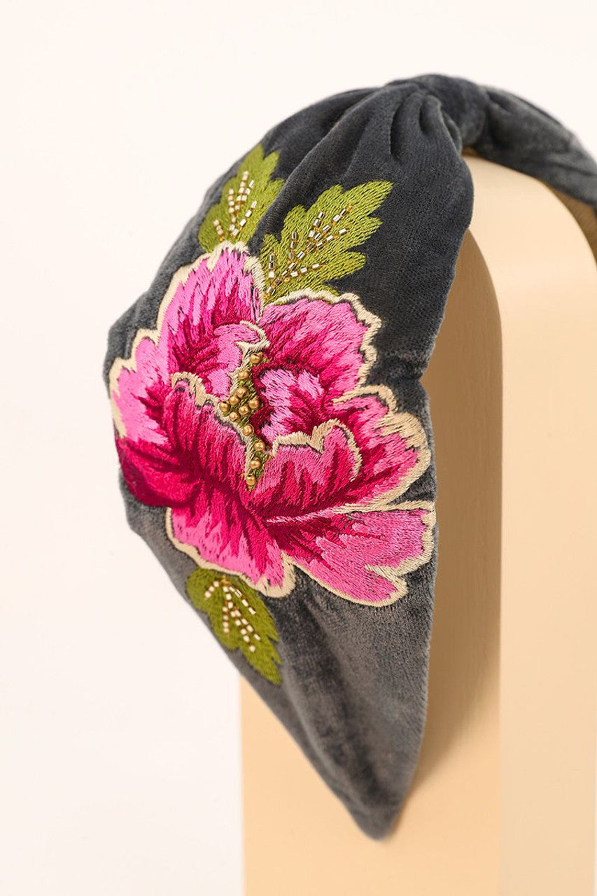 Velvet Embroidered Headband | Painted Peony