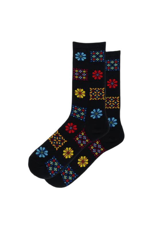 HOTSOX Women's Patterned Square Flower Crew Socks