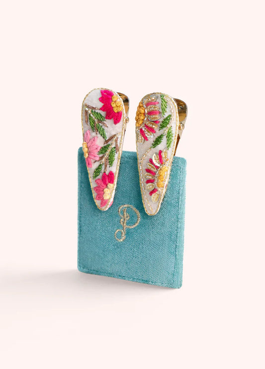 Jewelled Hair Clips -  Cream Floral