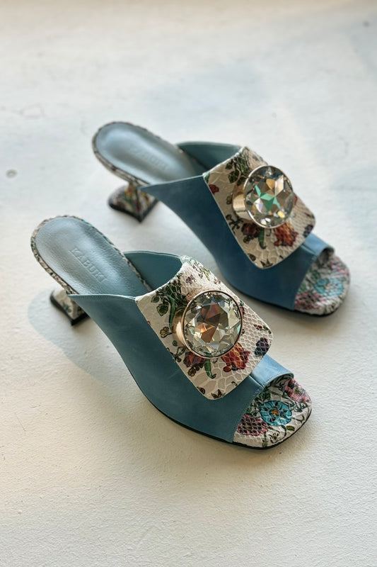 THE NATASHA Calf Leather Floral Mules | Blue