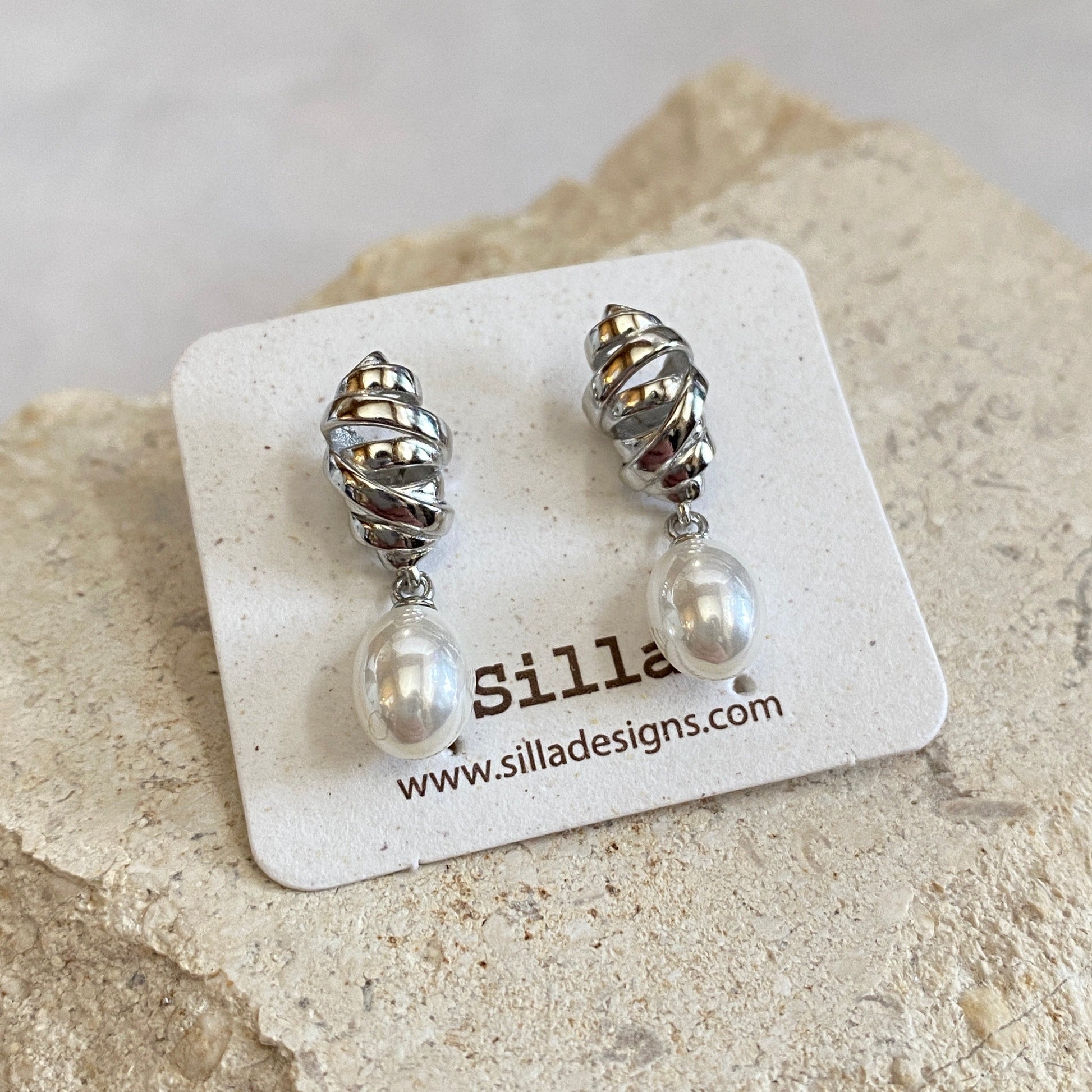 Gold and Silver Swirl Pearl Drop Earrings