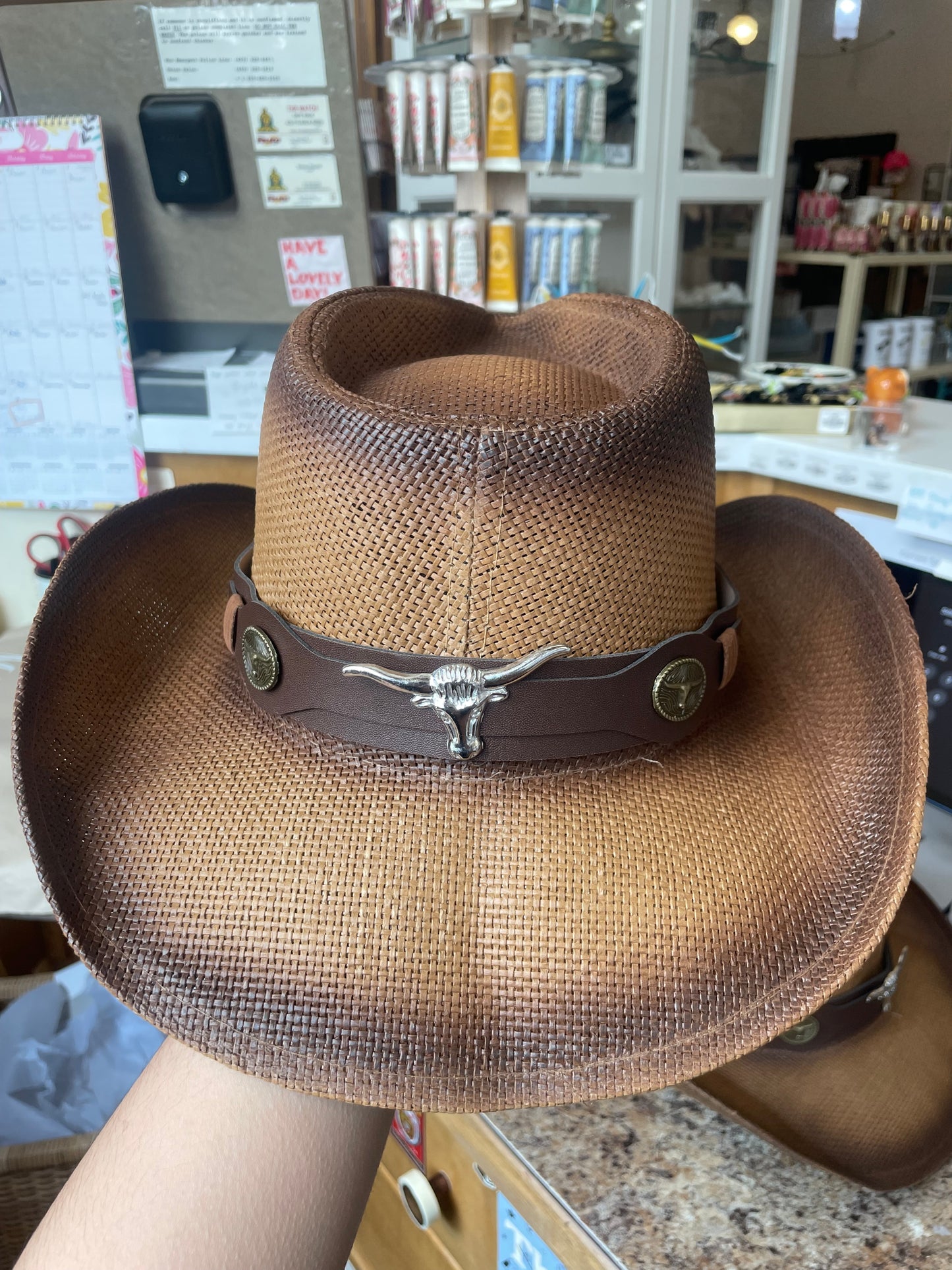 Western Long Horn Strap Minimalist Straw Cowboy Hat | Brown