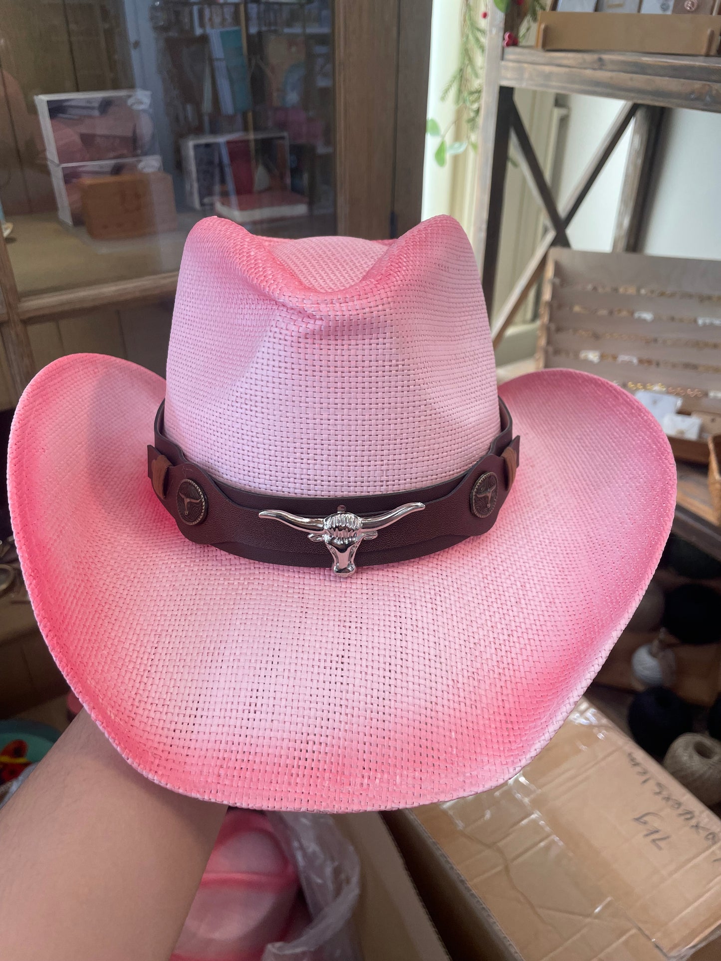 Western Long Horn Strap Minimalist Straw Cowboy Hat | Pink