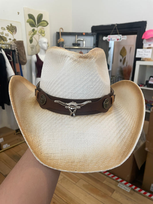 Western Long Horn Strap Minimalist Straw Cowboy Hat | White & Brown
