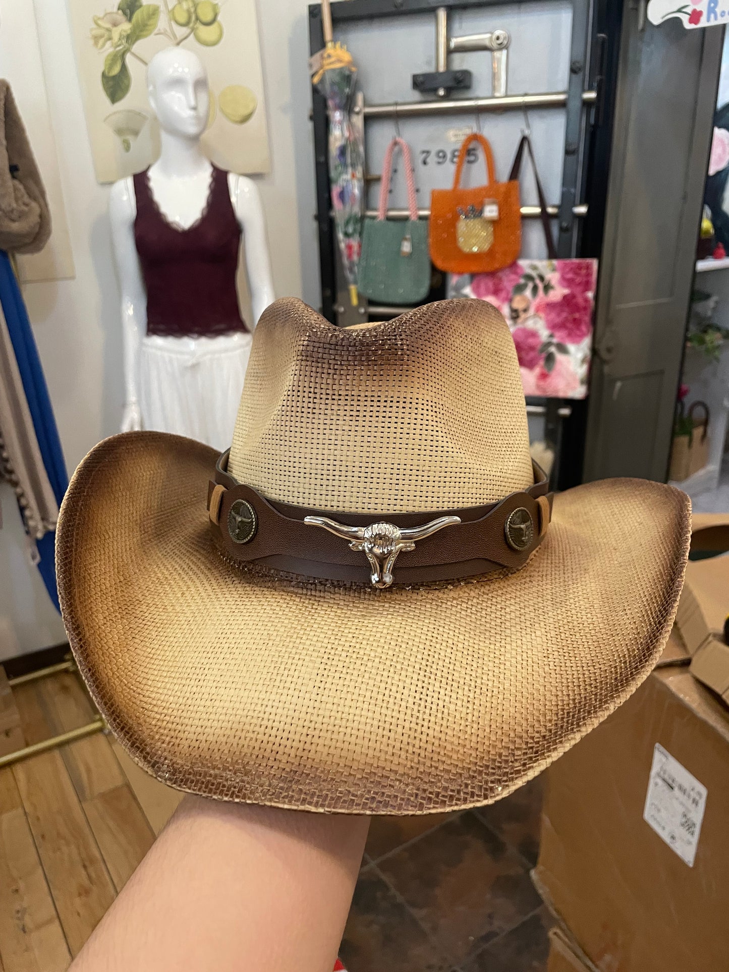 Western Long Horn Strap Minimalist Straw Cowboy Hat | Light Brown