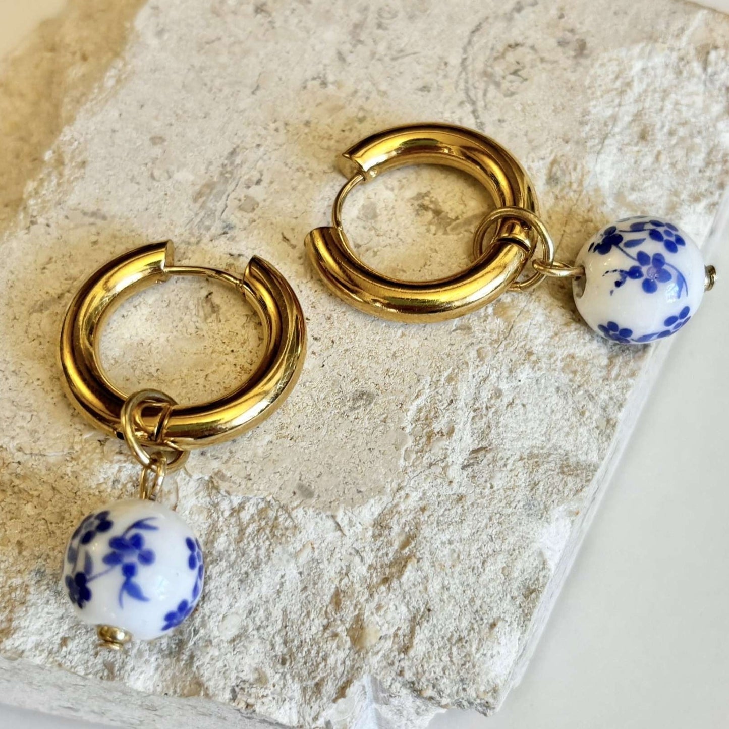 Blue and White Floral Porcelain Earrings