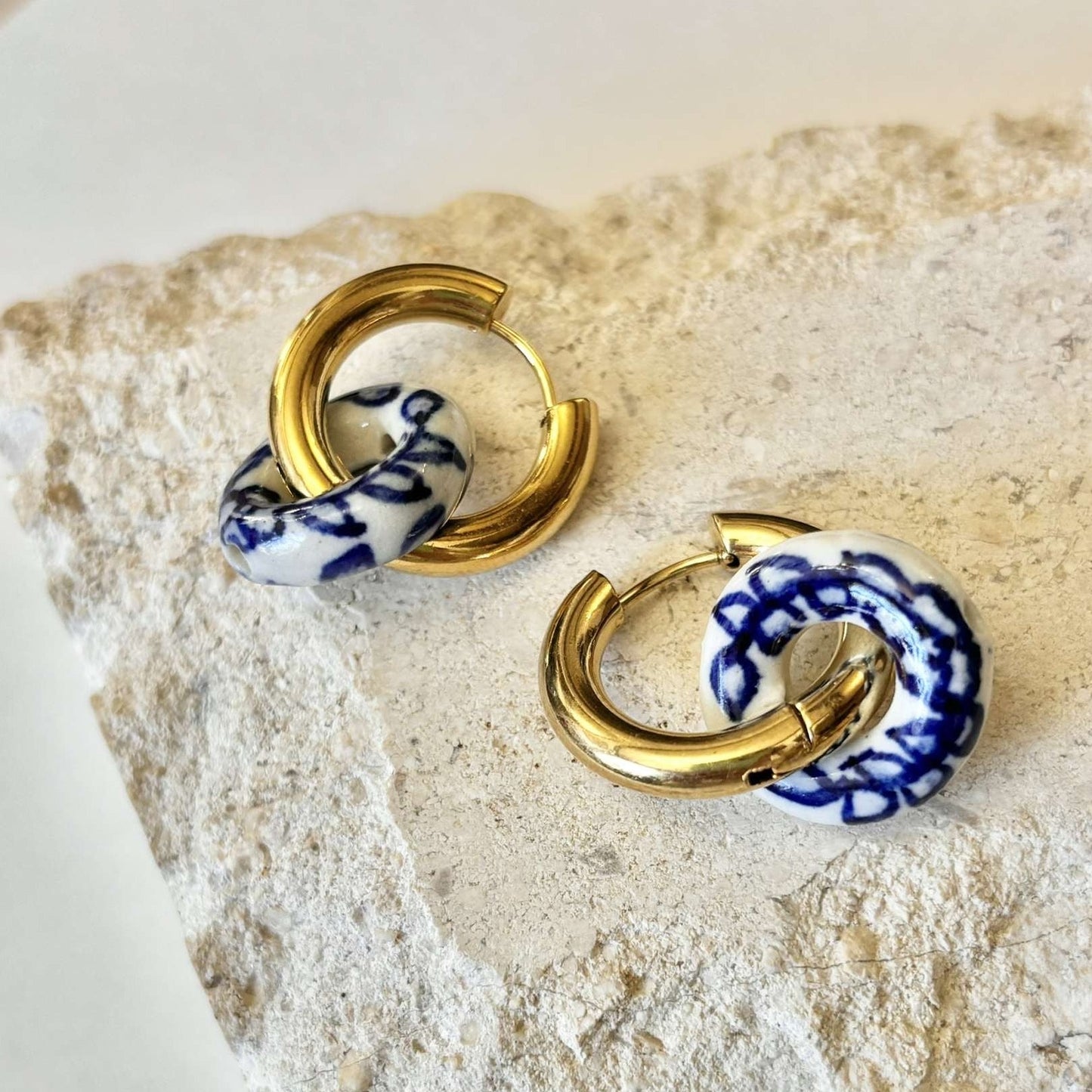 Blue and White Floral Porcelain Earrings