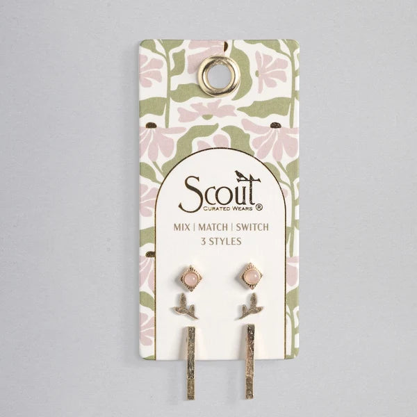 Stud Trio Ear Jacket Set | Leaf/Rose | Quartz/Gold