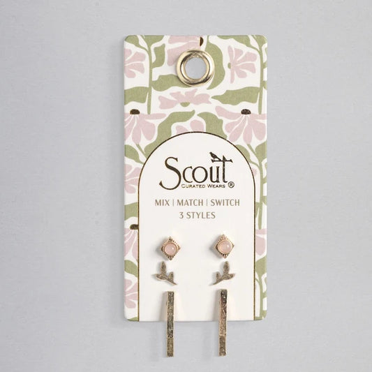 Stud Trio Ear Jacket Set | Leaf/Rose | Quartz/Gold