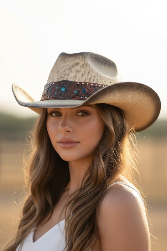 Floral Concho Band Two Tone Straw Cowboy Hat