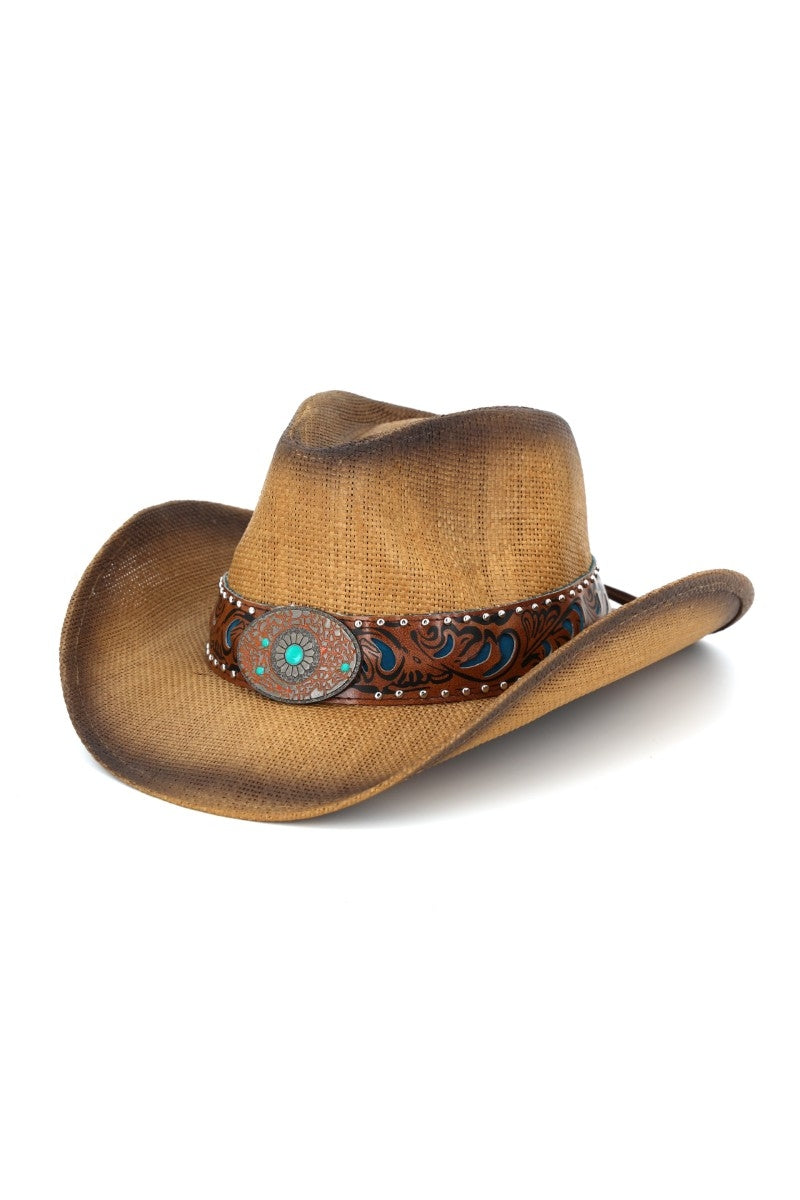Floral Concho Band Two Tone Straw Cowboy Hat