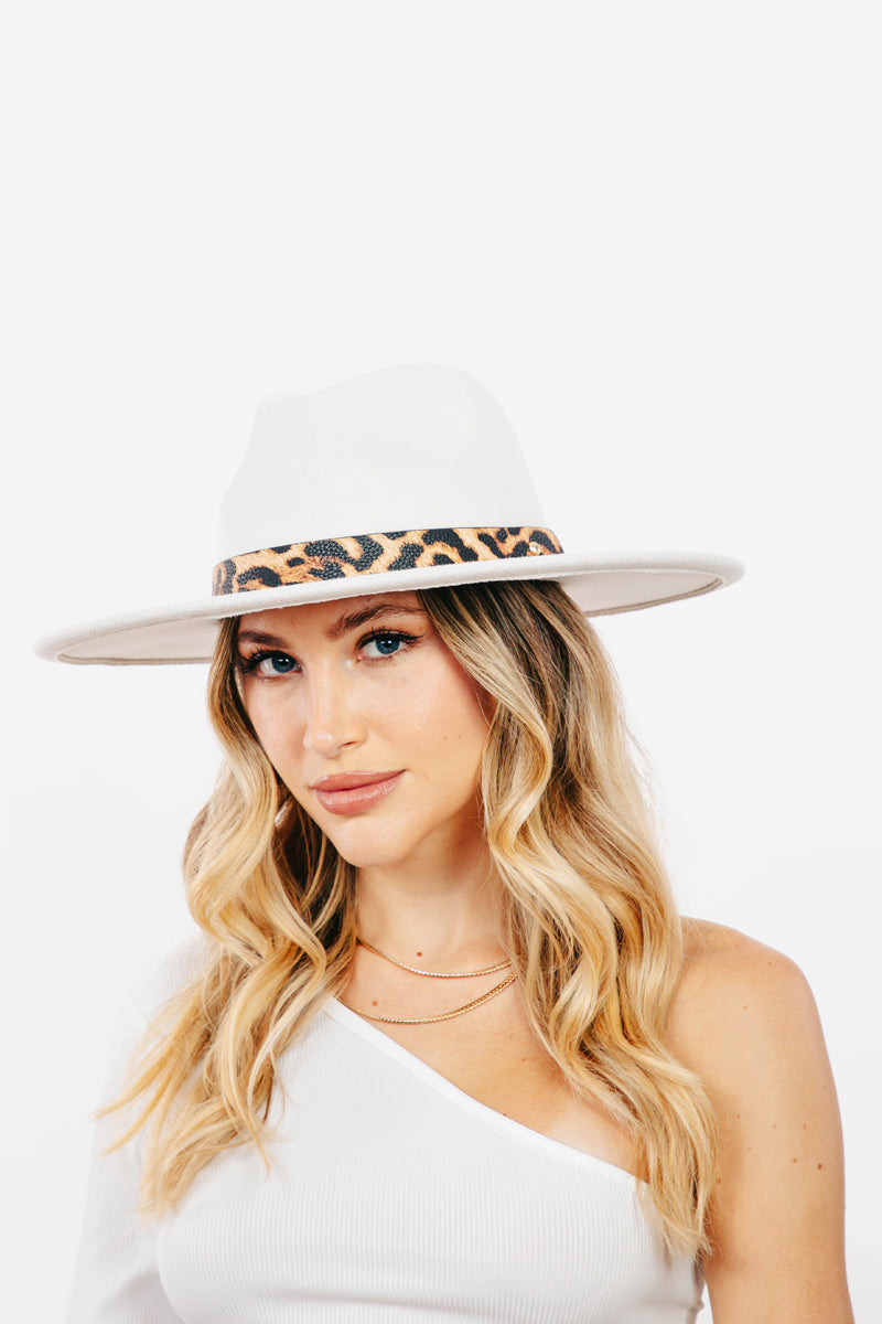Leopard Strap Flat Brim Fedora Hat