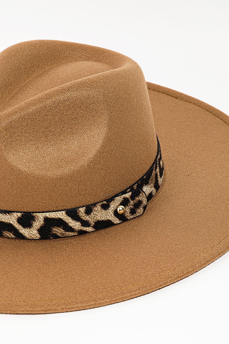 Leopard Strap Flat Brim Fedora Hat