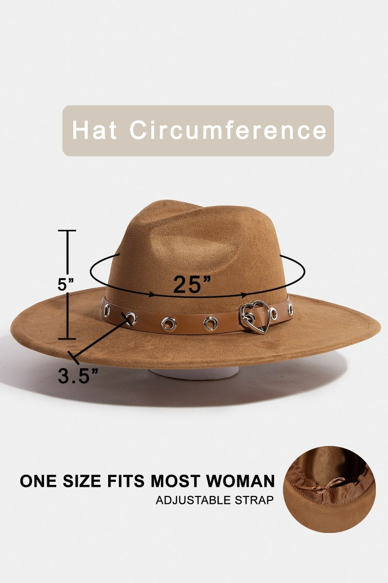 Heart Buckle Grommet Strap Faux Suede Fedora Hat Ivory