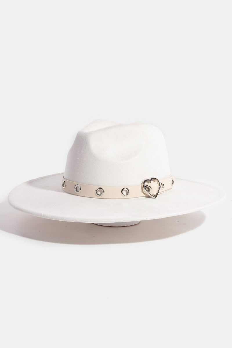 Heart Buckle Grommet Strap Faux Suede Fedora Hat Ivory