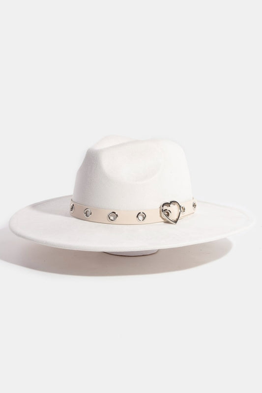 Heart Buckle Grommet Strap Faux Suede Fedora Hat Ivory