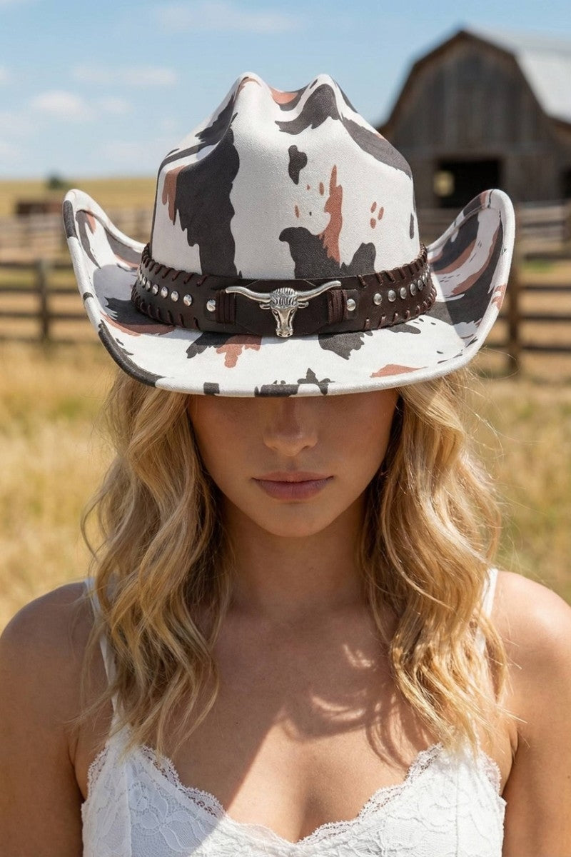 Western Bull Head Strap Cow Print Cowboy Hat