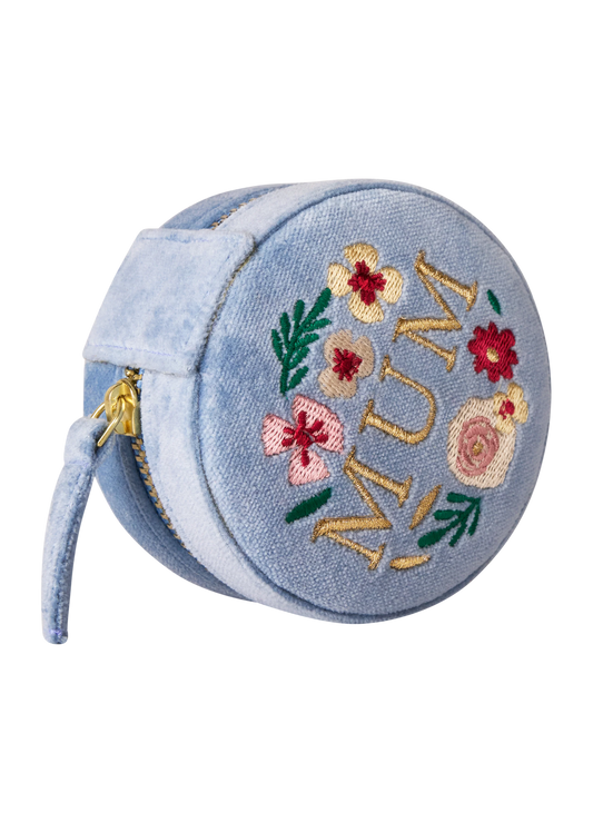 Round Velvet Jewellery Box - Lovely Mum - Denim