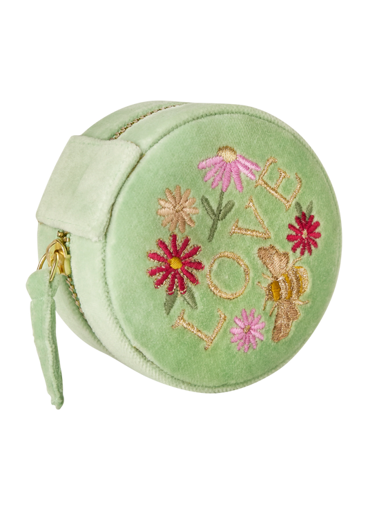 Round Velvet Jewellery Box - Love in a Meadow - Mint