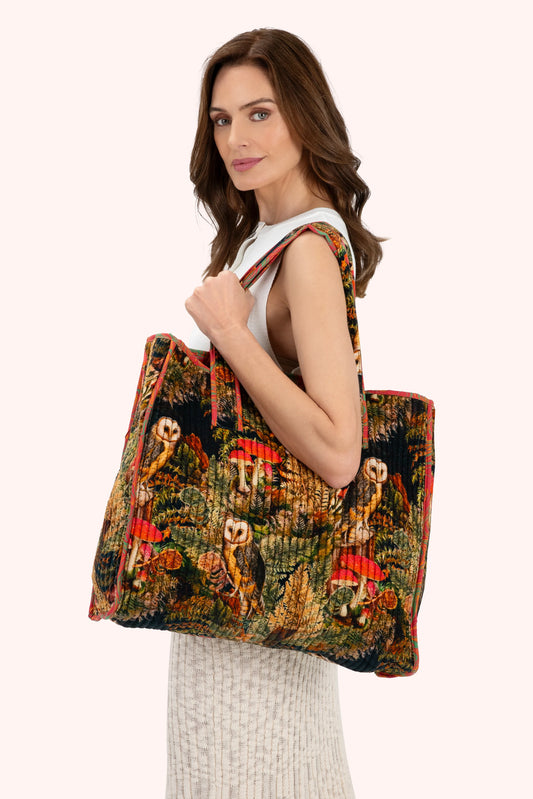 Luxe Velvet Quilted Tote Bag | Woodland Owls
