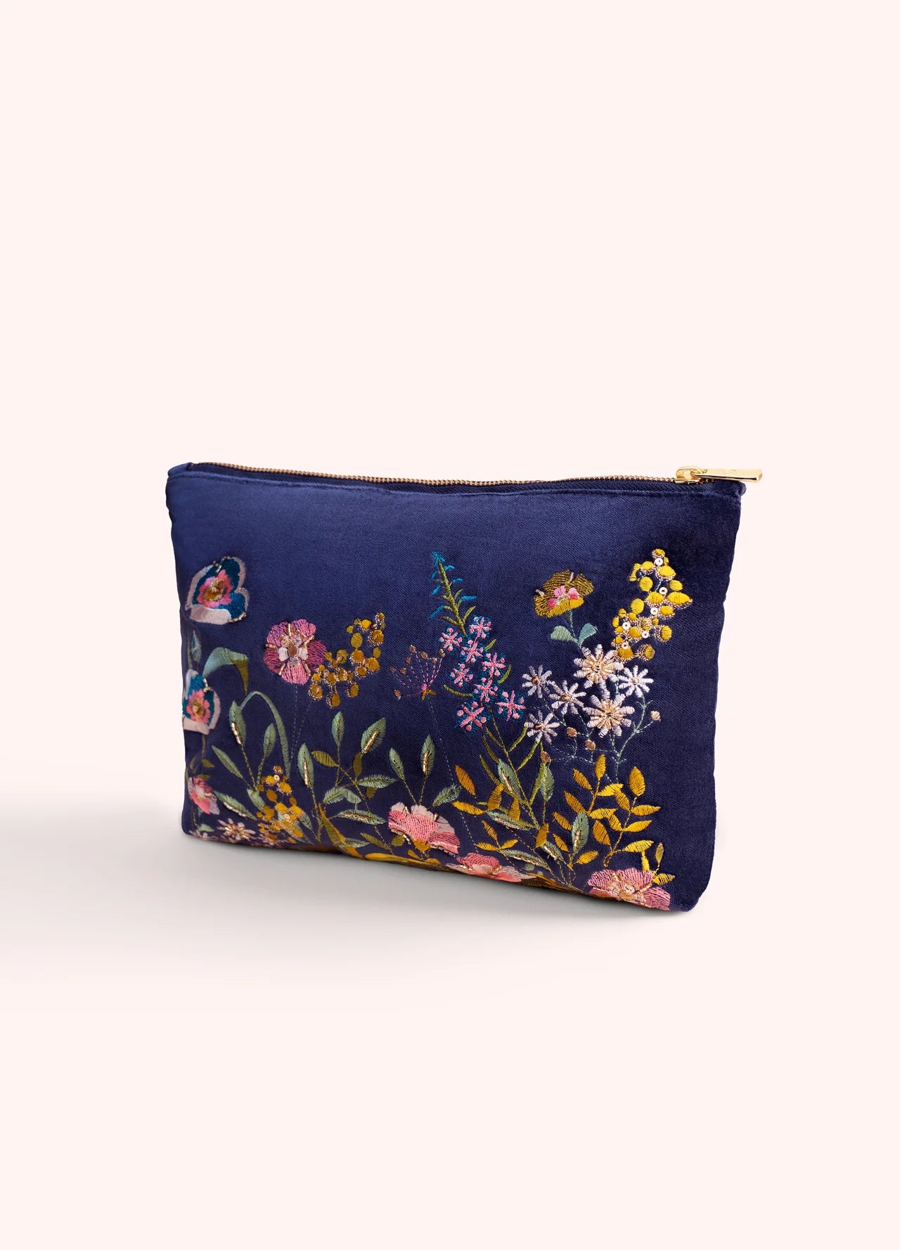 Velvet Zip Pouch - Navy Floral Hedgerow