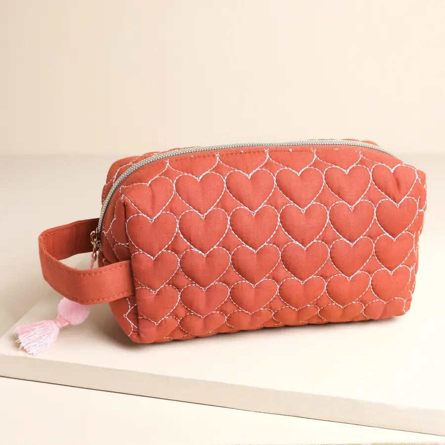 Rust Linen Heart Embroidered Makeup Bag
