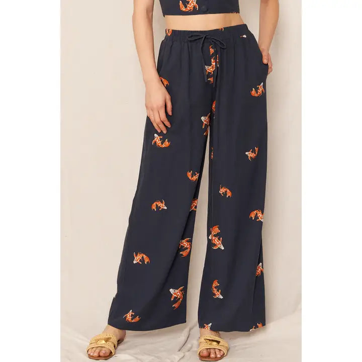 Koi Fish Print Wide Leg Pants