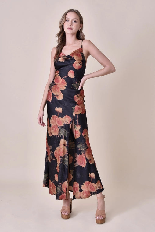 Floral Print Cowl Neck Maxi Dress with Side Slit