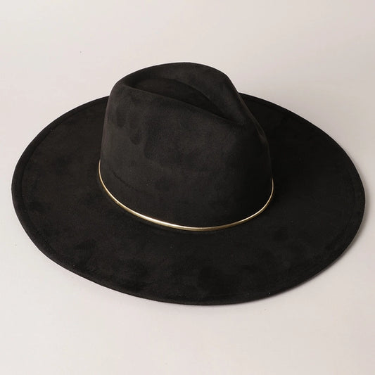 Gold Belt Wide Flat Brim Suede Fedora Hat