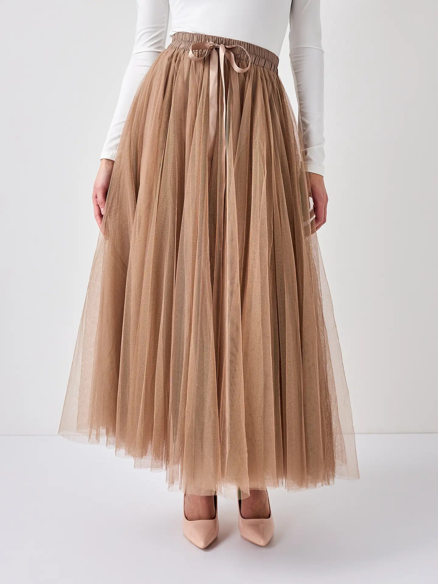 Aria Long Tulle Skirt - Taupe