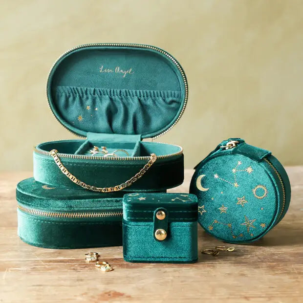 Starry Night Velvet Mini Round Jewellery Case in Teal
