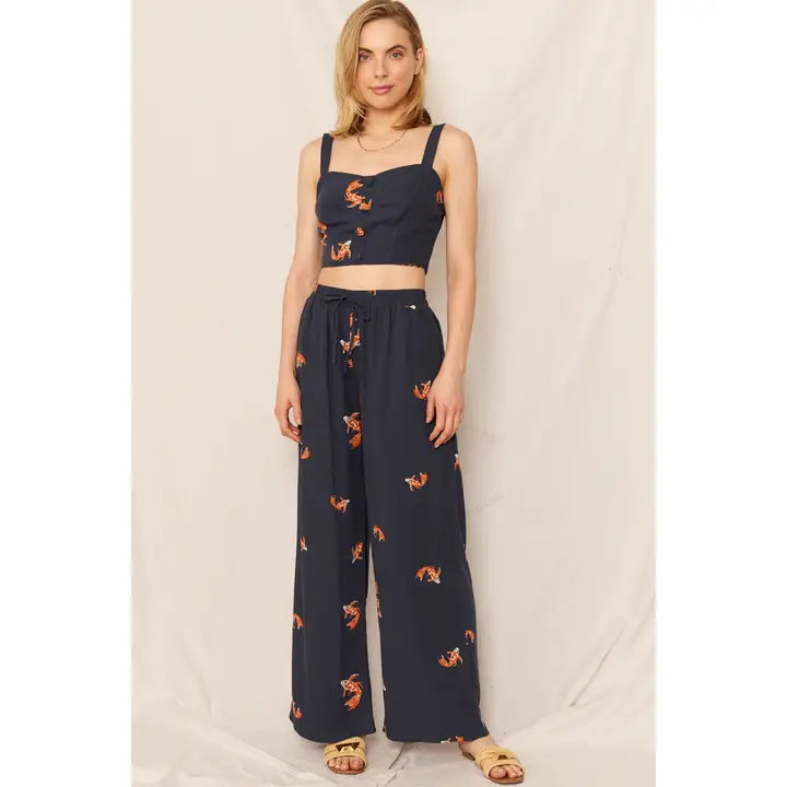 Koi Fish Print Wide Leg Pants