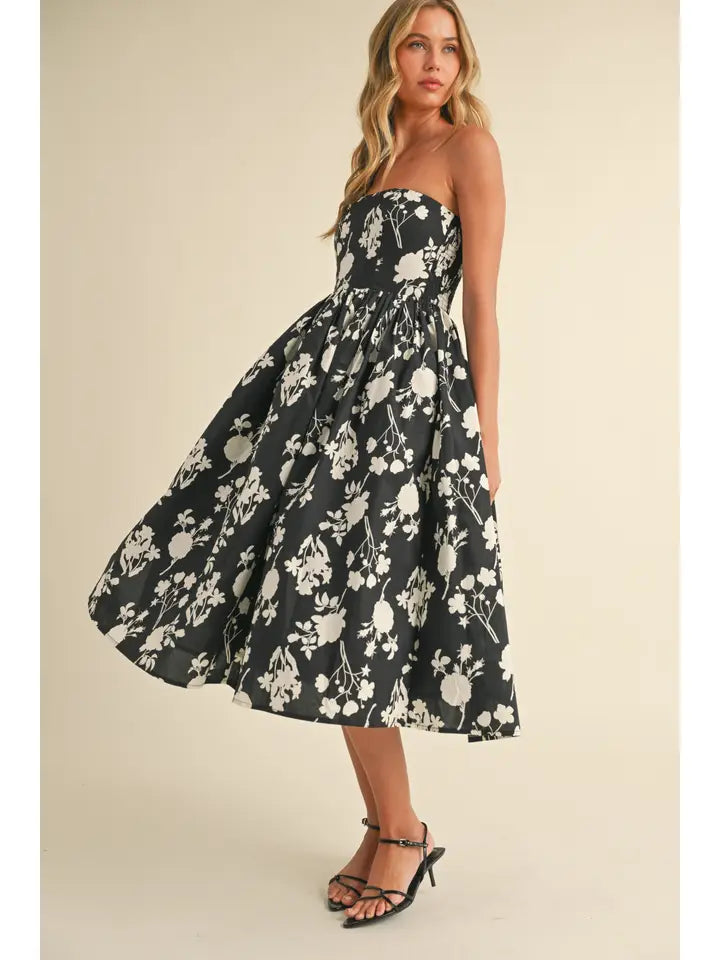 Strapless Flare Midi Dress | Black