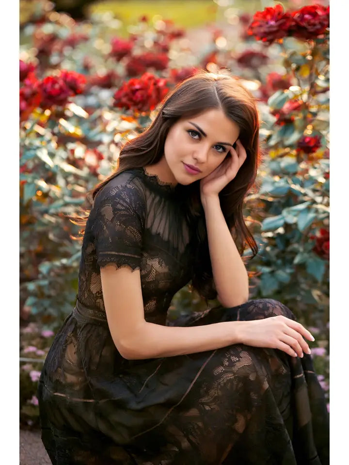 Black Midi Lace Short Sleeve Cocktail Dress
