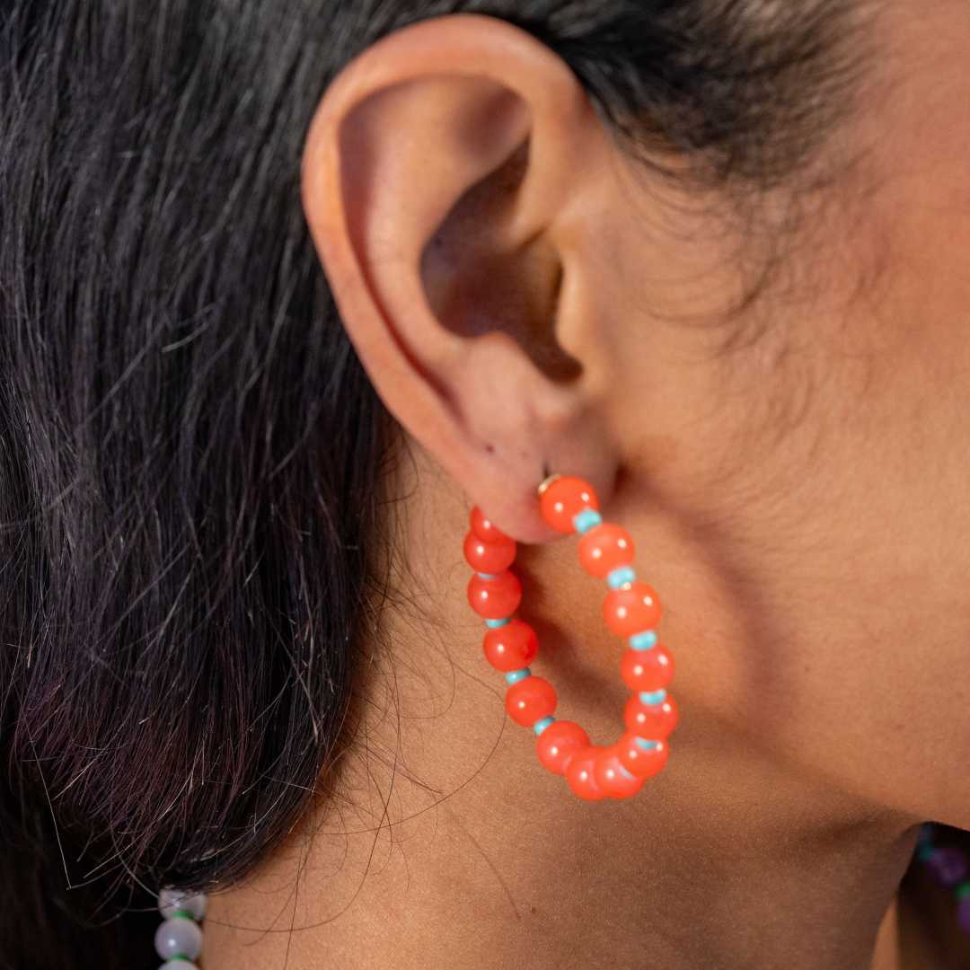 Angela Round Stones With Alternating Seed Bead Hoop Earrings