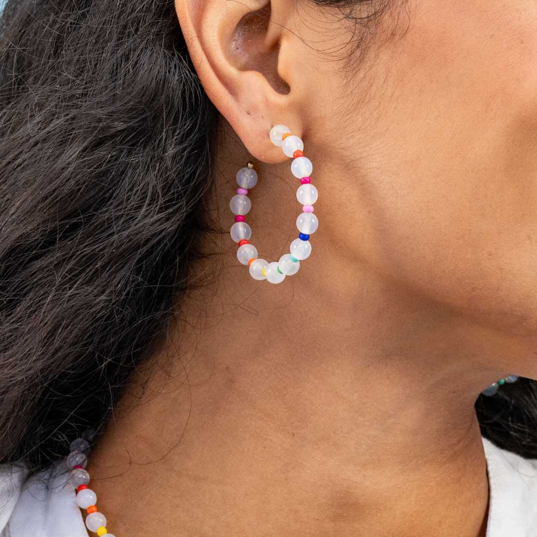 Angela Round Stones With Alternating Seed Bead Hoop Earrings