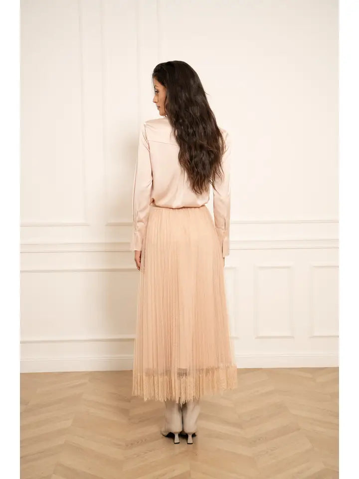 Jeanne Pleated Tulle Lace Skirt - Rose