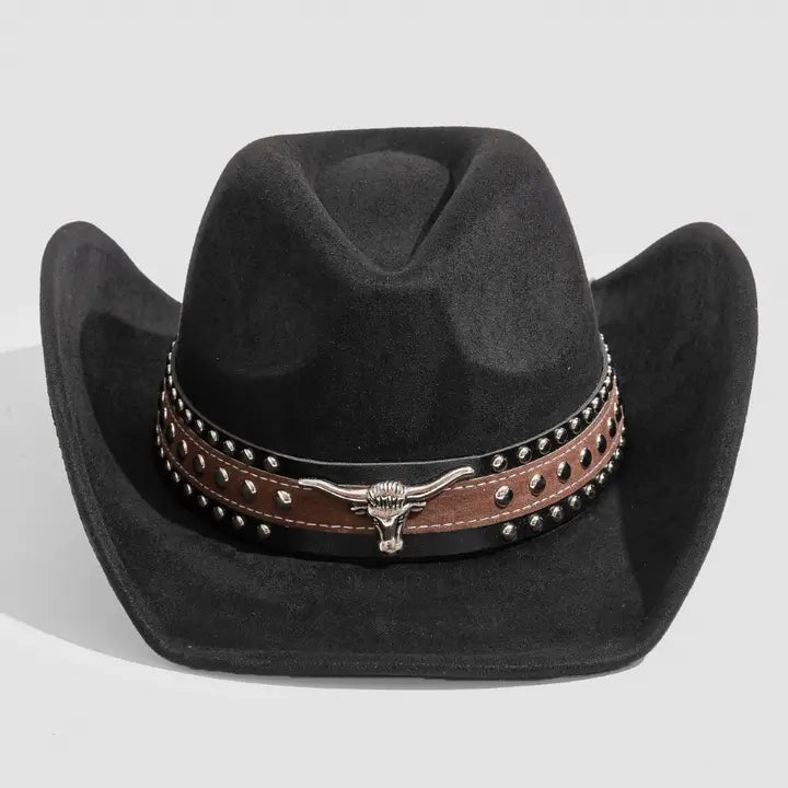 Layered Western Bull Head Strap Cowboy Hat | Black
