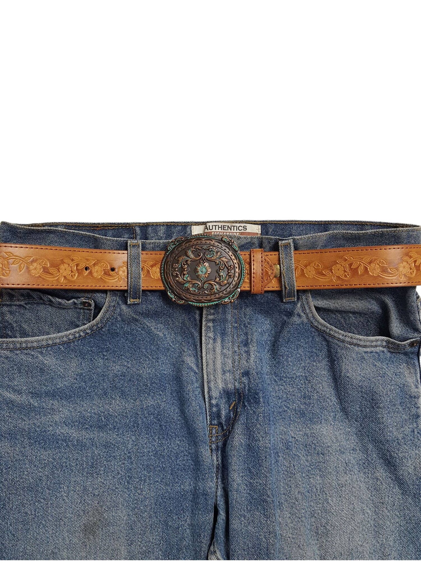 Western Brass/Patina Buckle with Vintage floral tooled belt