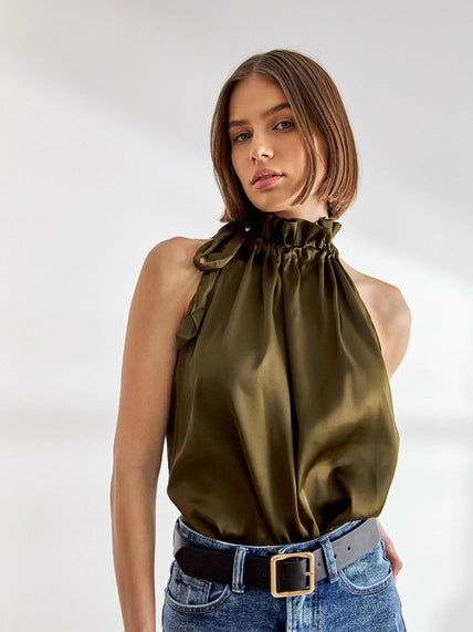 Elisabeth Satin Top with Bow On the Collar