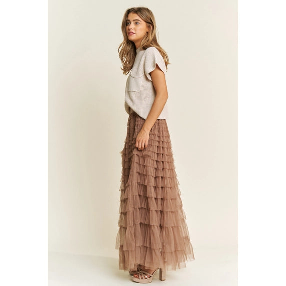 Cascading Tulle Mesh Tiered Maxi Skirt