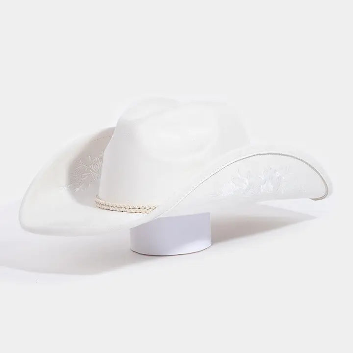 Flower Embroidery Cowboy Hat White