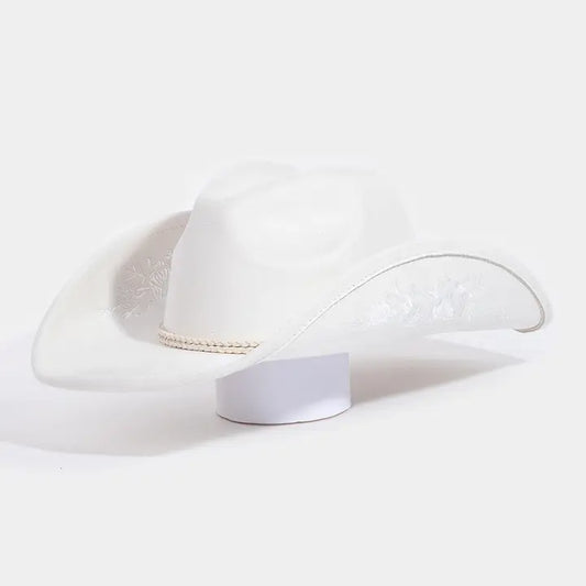 Flower Embroidery Cowboy Hat White