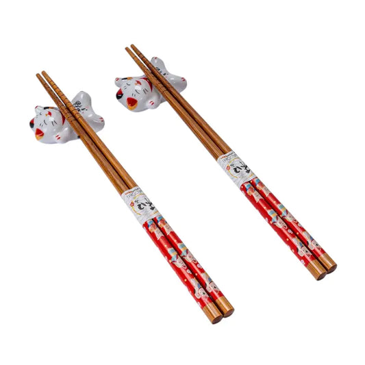 Lucky Cat Neko 2 Pair Chopsticks and Rests Gift Set