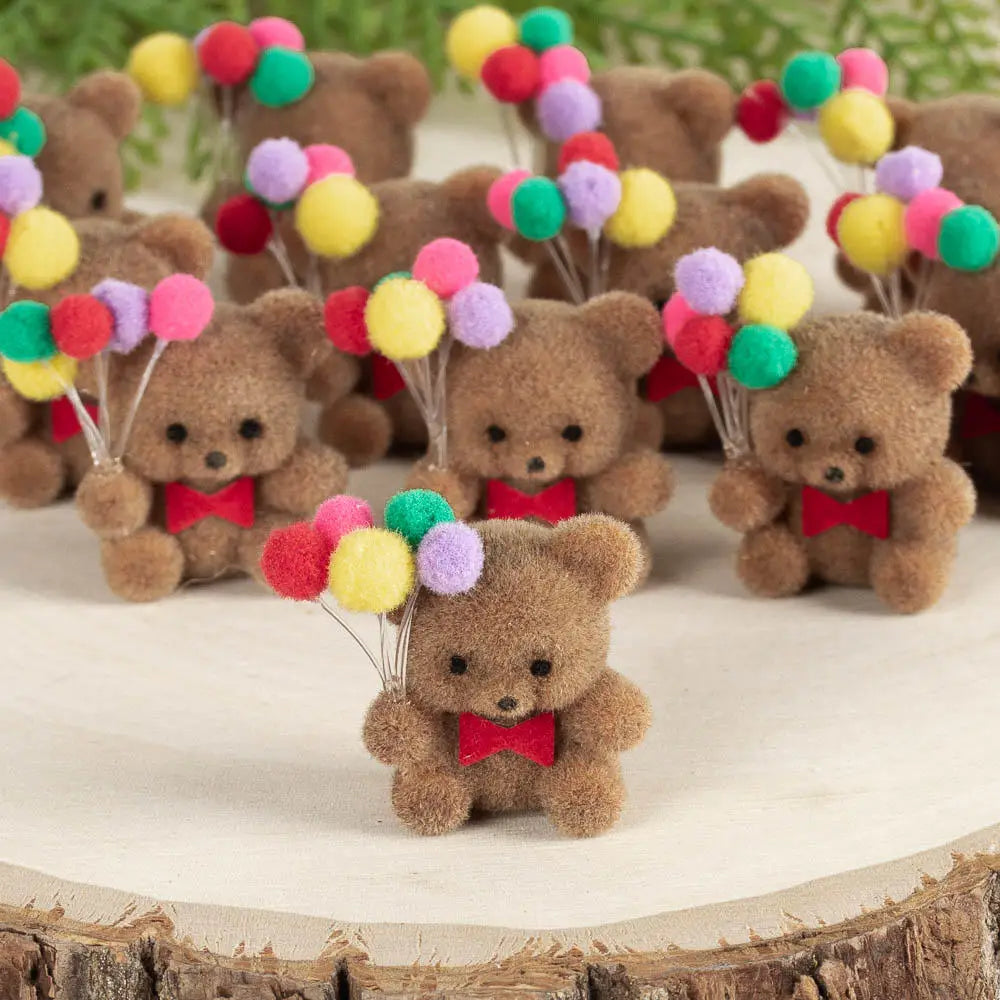 Miniature Flocked Bear With Balloons