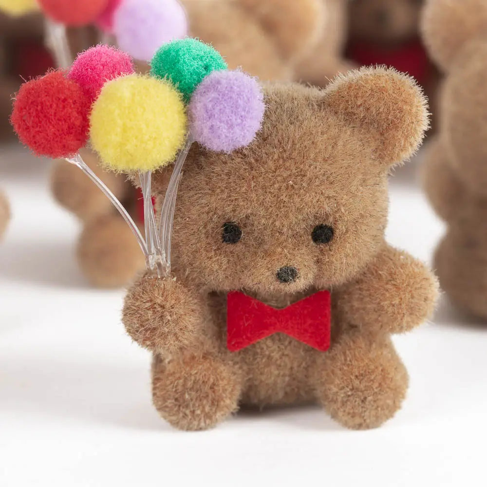 Miniature Flocked Bear With Balloons