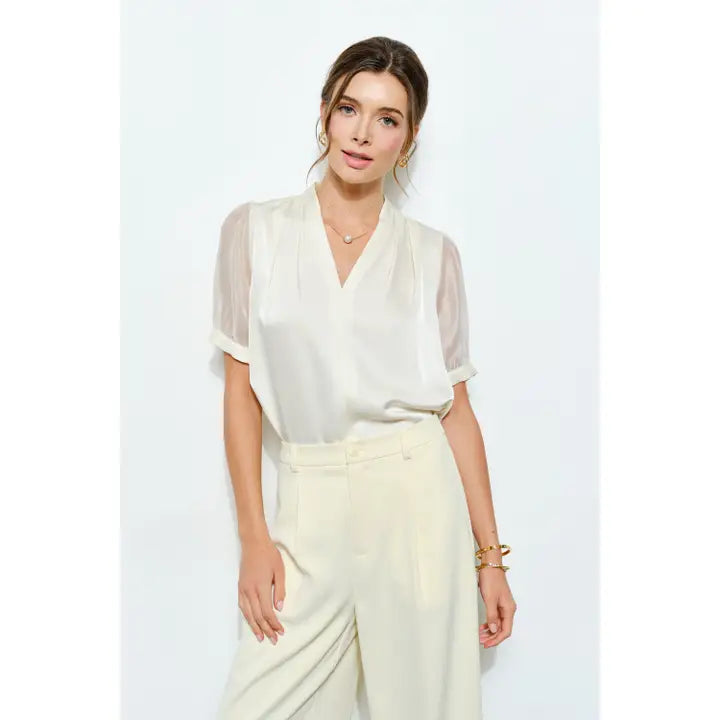 Puff Sleeve Satin V-Neck Blouse