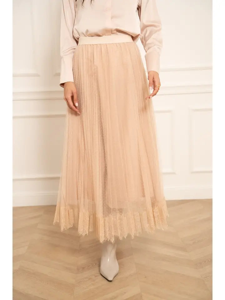 Jeanne Pleated Tulle Lace Skirt - Rose